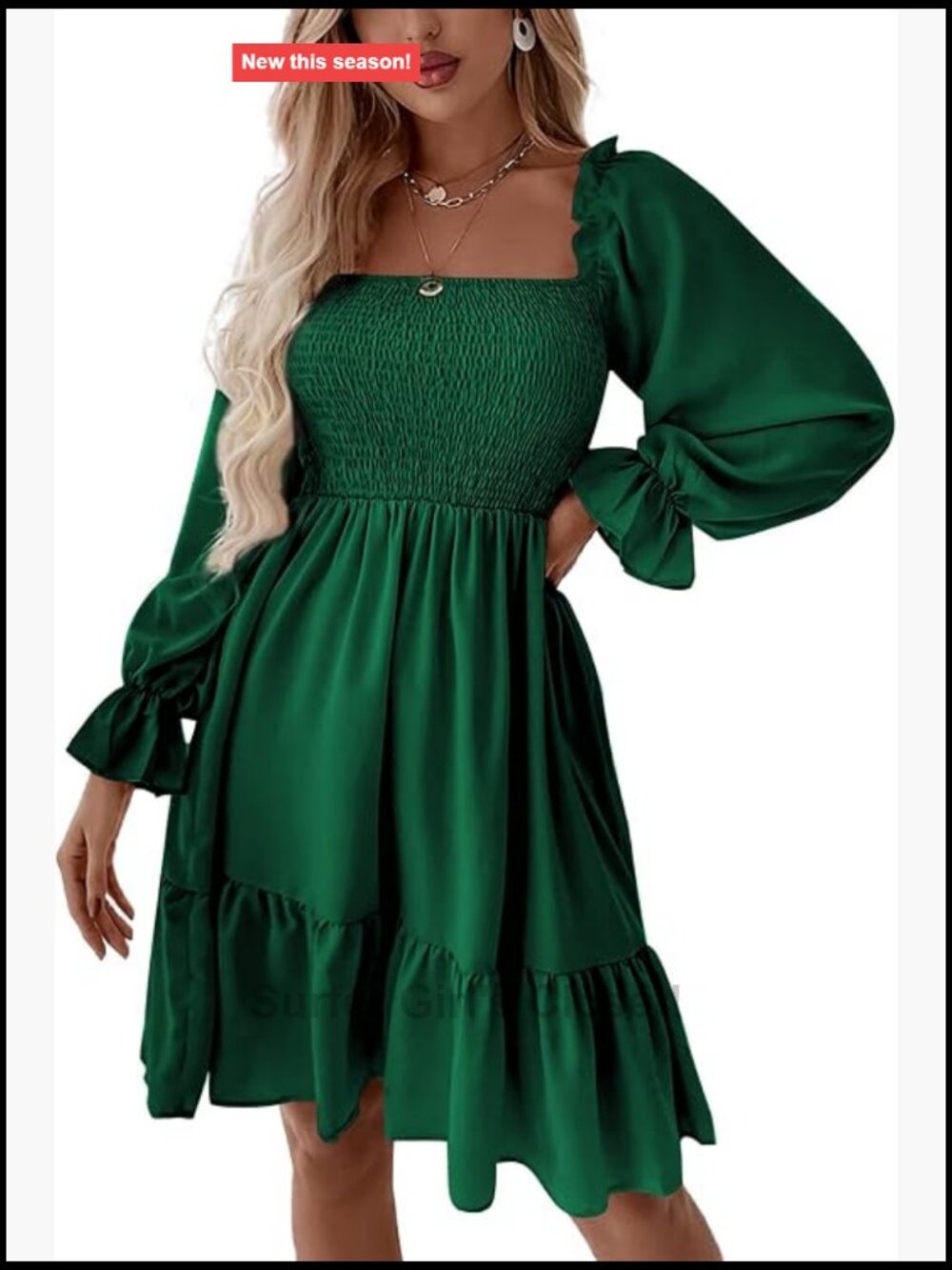 Women's Square Neck Shirred Flowy Party Mini Dress Long Sleeve Ruffle Hem